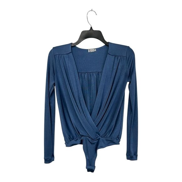 Free People | Turnt Sheen Bodysuit in Blue Metal Long Sleeve Slinky Top Thong XS - Picture 4 of 8